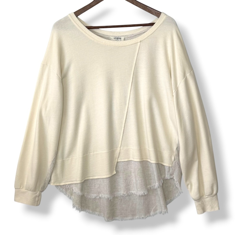 Umgee Top M Ivory Linen Cotton Blend Fringe Hem Raw Edge Mixed Media Boho Blouse